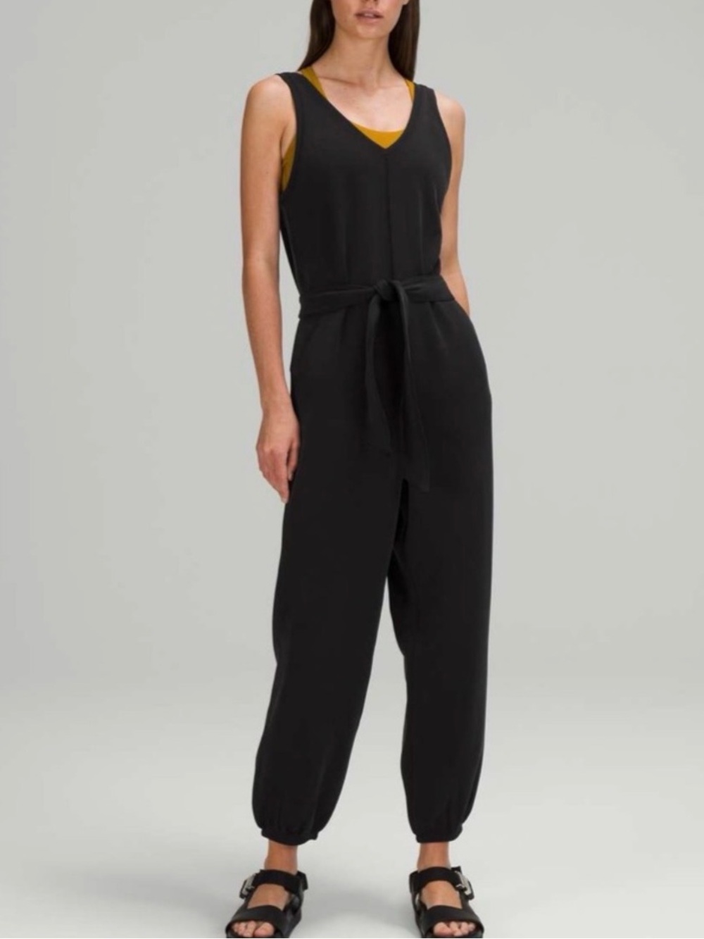 lululemon athletica Black Sleeveless Tie-Waist Jumpsuit with Mustard Layer